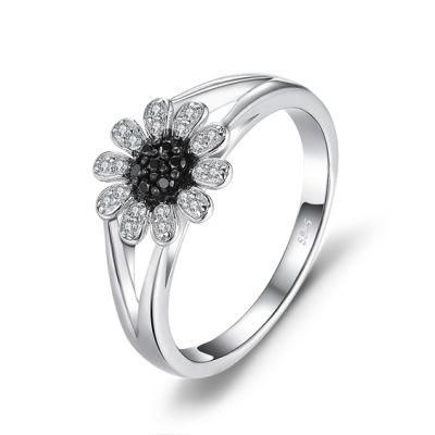 Fashion Jewellery Flower Round Genuine Black Spinel Ring Sterling Silver Jewelry