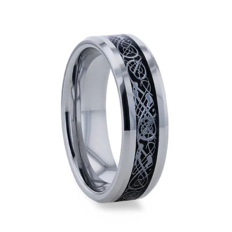 Tungsten Carbide Ring Beveled Edges and Metal Dragon Inlay 8mm