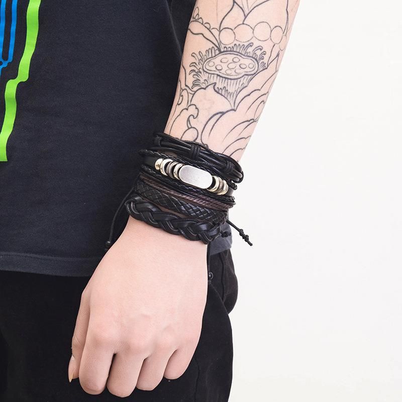 Europe and America Simple Retro Set Bracelet DIY Woven Cowhide Bracelet Punk Bracelet Men′ S Hemp Rope Leather Bracelets