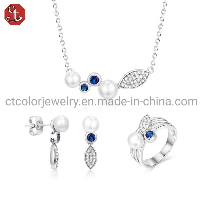 925 sterling silver Shell  Pearl Blue sapphire Jewelry Set for women