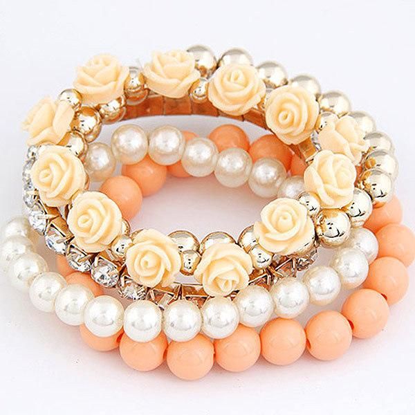 Fashion Jewelry Bohemian Ethnic Style Pearl Roses Multi-Layered Stretch Bracelet