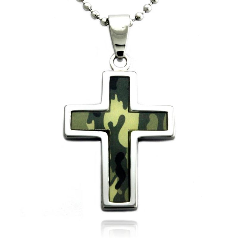 Tungsten Abstract Camouflage Cross Pendant with Ball Chain Necklace