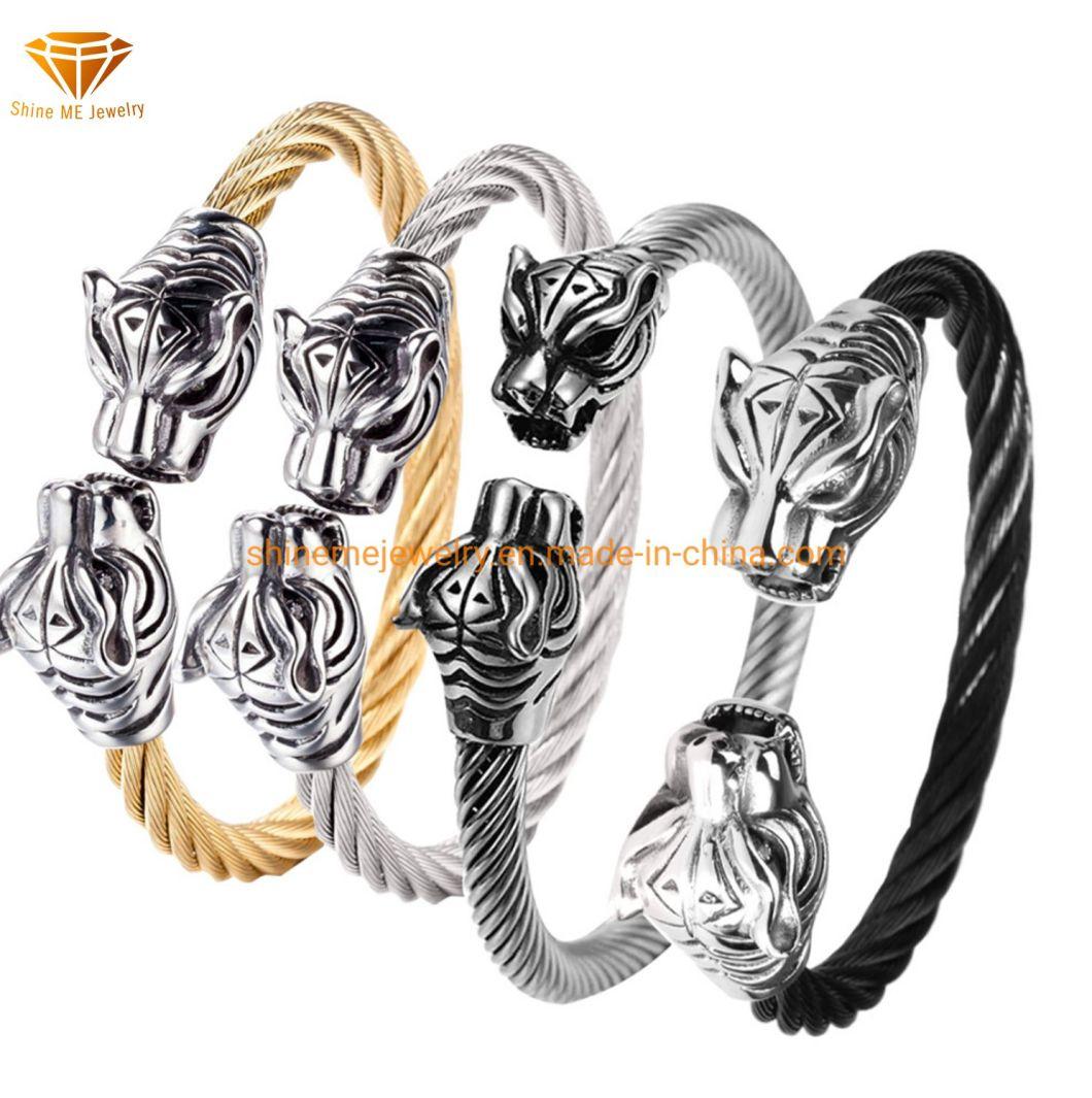 European and American Vintage Stainless Steel Cast Leopard Head Bracelet Men′s Stainless Steel Wire Rope Leopard Head Bracelet Ssbg2722