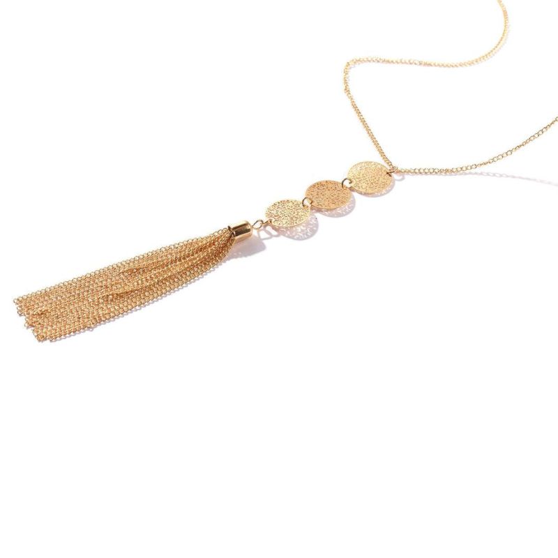 Retro Fashion Jewelry Alloy Gold Plated Geometric Round Piece Long Necklace with Tassel Pendant
