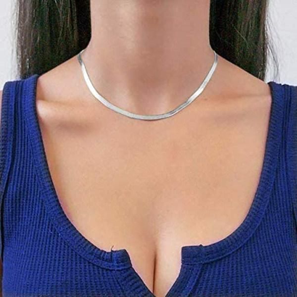 Stainless Steel 18K Real Gold Plated Flat Snake Chain Herringbone Choker Necklace for Women (5mm, 16" -20")
