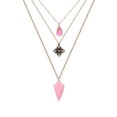 Long Multi-Layer Carved Diamond-Studded Pink Natural Stone Necklace