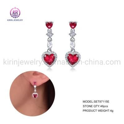 Women Fashion Silver Jewelry Heart Dangle Earrings CZ Zircon Ruby Diamond Earrings Handmade Drop Earrings