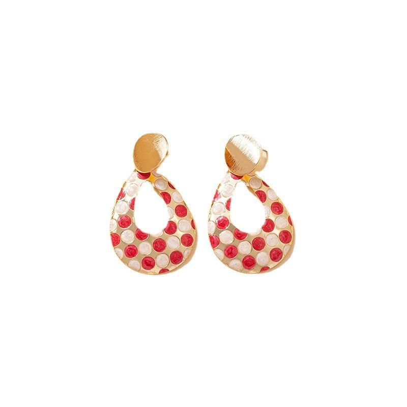 New Arrival Geometric Teardrop Shape White Red Dots Enamel Epoxy Drop Earrings for Women Fashion