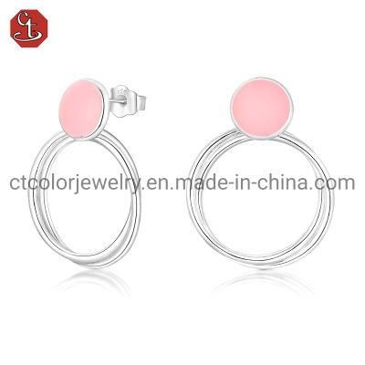 Fashion Jewelry 925 Sterling Silver Circle Earrings with Pink Enamel