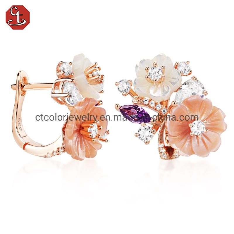 New Jewelry White cz,Pink and White MOP Flower Rose plated Earrings