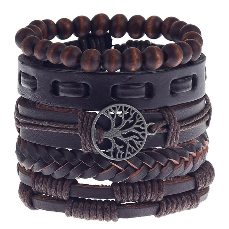 5 Piece Leather Cuff Bracelet for Men and Women Punk Rock Braided Bracelet Via Brown Black Wristband Handmade Jewelry