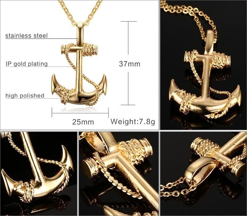 Men Stainless Steel Necklace Gold Colour Plated Titanium Anchor Pendant Jewelry 50mm Length Steel Chain Necklace Gift