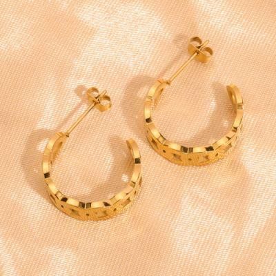 Personality Trendy Gold Plated Stainless Steel Circle Stud Earrings Hoop C Shape Hollow out Open Loop Big Earring for Women