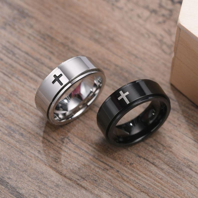 Stainless Steel Laser Corrosion Cross Turnable Rings Spinner Rings for Men Rotating Finger Jewelry Wholesale SSR2589