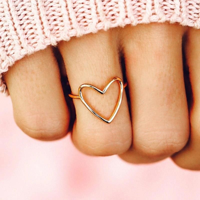 Customizable Fashion Simple Jewelry 925 Sterling Silver Statement 18K Gold Plated Big Heart Shape Thin Finger Ring for Women