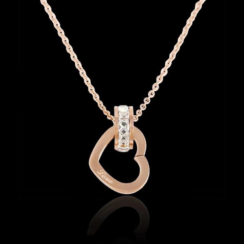Fashion Jewelry Rose Gold Wholesale Steel Diamond Heart Necklace, Chain Heart Necklace