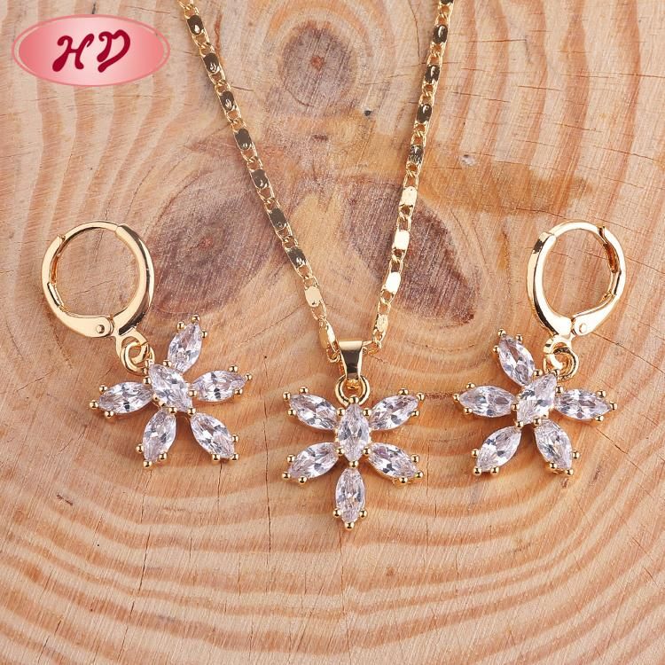 Fashion Wedding Silver Alloy Gold Plated Ring Necklace Earring Jewelry Set with Crystal CZ Pearl