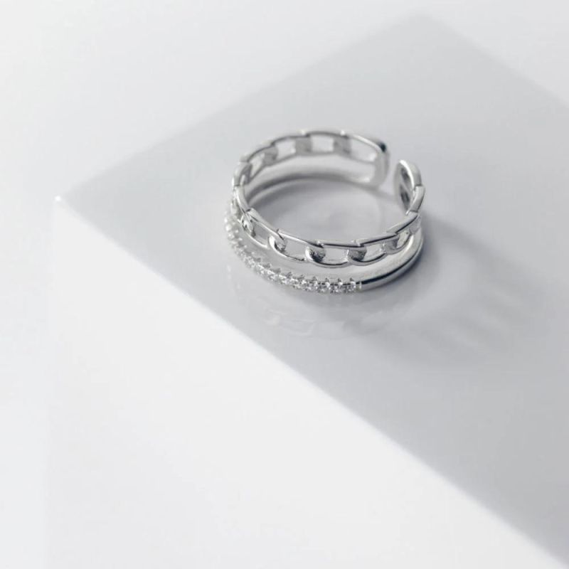 925 Sterling Silver Ring Minimalist Chain Style Multi-Layer Zircon Adjustable Ring Women Wedding Jewelry