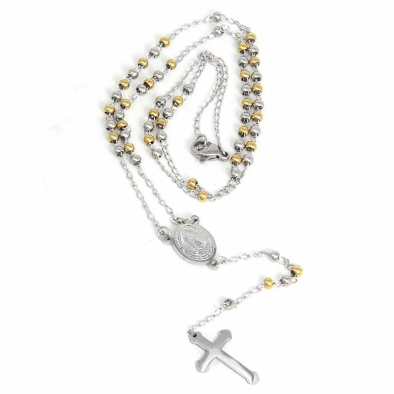 Fashion Hot Sell Stainless Steel Jewelry Gold Plated Two-Tone Beaded Necklace Cross for Religious Long Adjustable Necklace