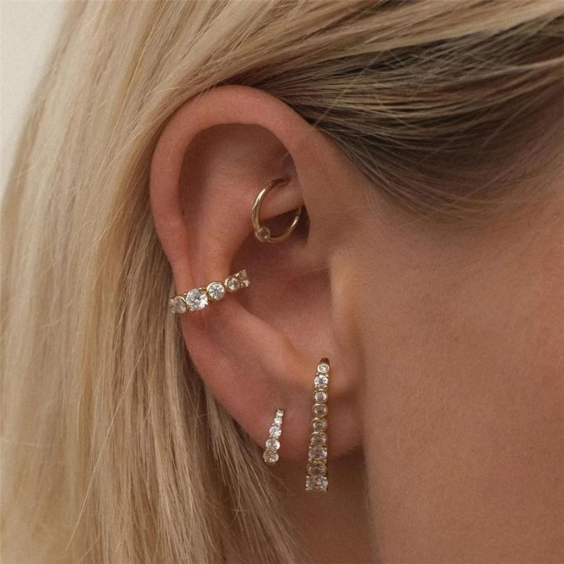 14K Gold Plated Brass Cascading Crystals and Unique Bezel Claw Setting Earrings and Ear Cuff for Women