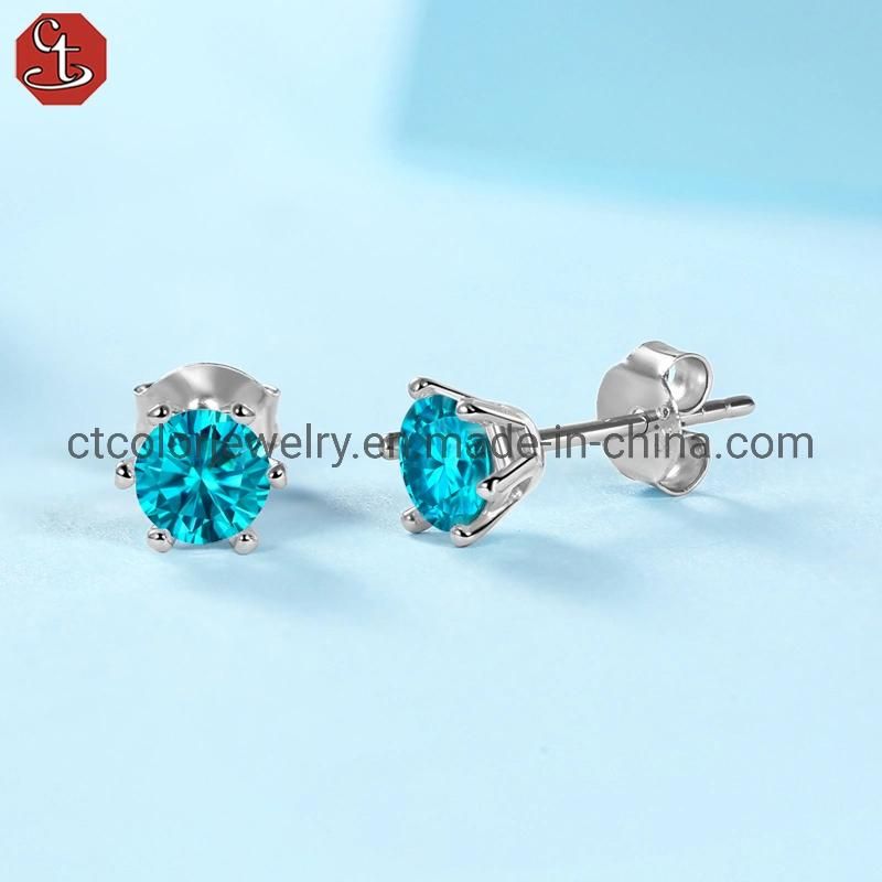 Hot Sale Blue Moissanite Ear Stud Fashion Accessories Silver Earrings for Women