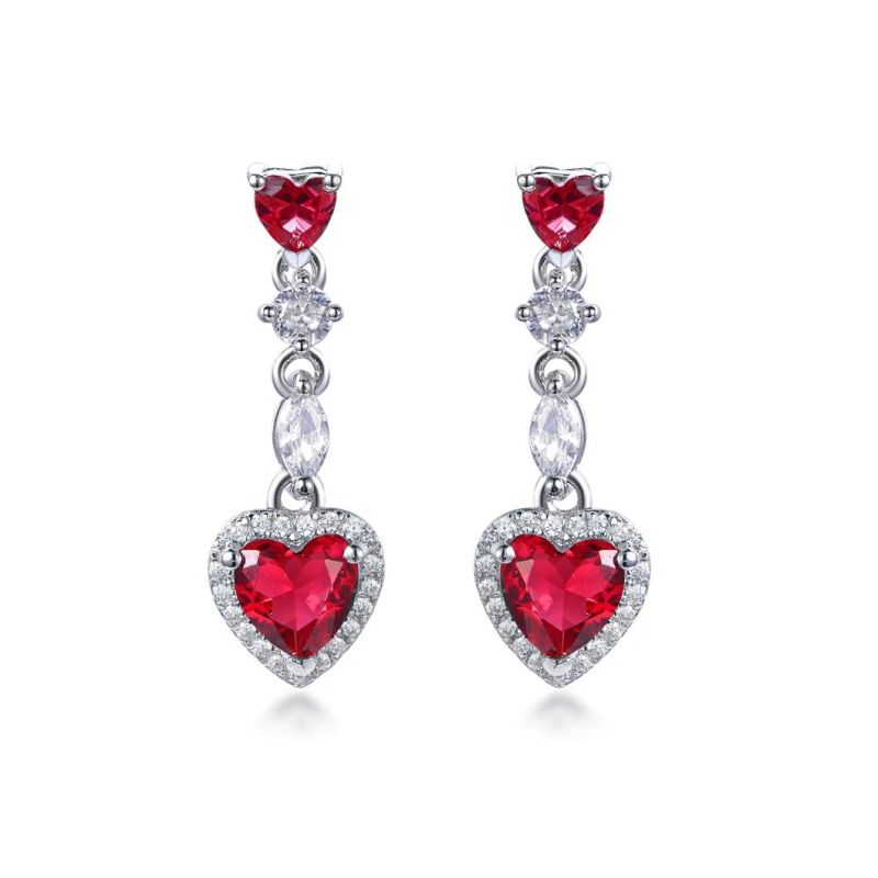 Women Fashion Silver Jewelry Heart Dangle Earrings CZ Zircon Ruby Diamond Earrings Handmade Drop Earrings