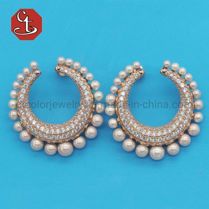 Unique Trendy Micro Pave Cubic Zirconia O Shape Pearl Hoop Earrings for Women Jewelry