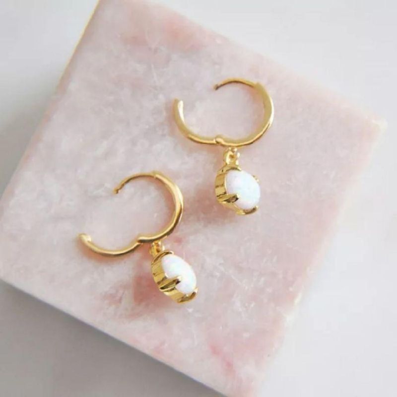 Claw Setting Pear White Opal Gemstone Dangle Charm Jewelry 925 Sterling Silver Hoop Gold Plated Earrings
