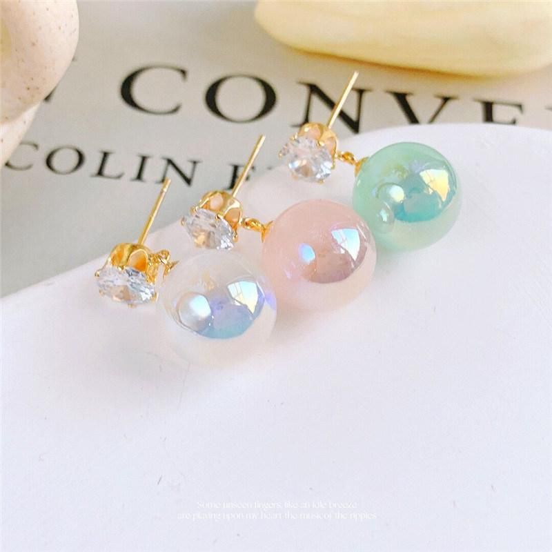 2022 Year New Trendy Blue Pink Green Colorful Fresh Water Oil Pearl Crystal Cubic Prong Earrings for Women Girls Lady Accessories Party Wedding