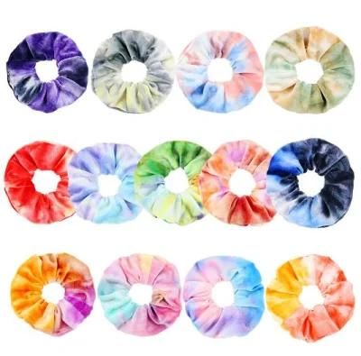 Wholesale Custom Logo Hair Products Tie Dye Colorful Women Girl Scrunchies Velvet Elastic Hair Ties Bands