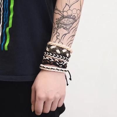 Leather Braided Bracelets for Men Wrap Wood Beads Bracelet Woven Ethnic Tribal Rope Wristbands Bracelets Set Adjustable