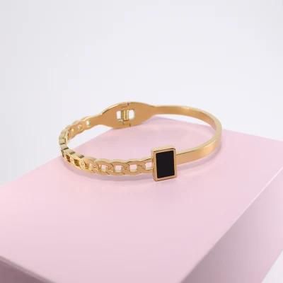 Fashion Custom Chain Black Arylic Square with Ring Set Women PVD 18K Gold Plated Trendy Dainty Bracelets Bangles Stainless Steel Jewelry