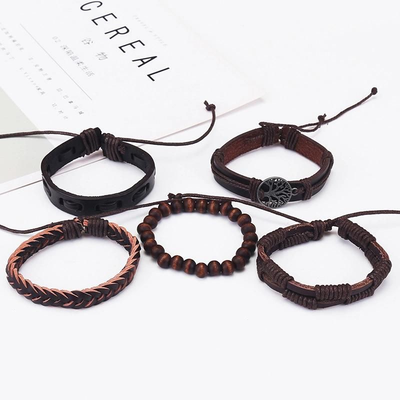 5 Piece Leather Cuff Bracelet for Men and Women Punk Rock Braided Bracelet Via Brown Black Wristband Handmade Jewelry