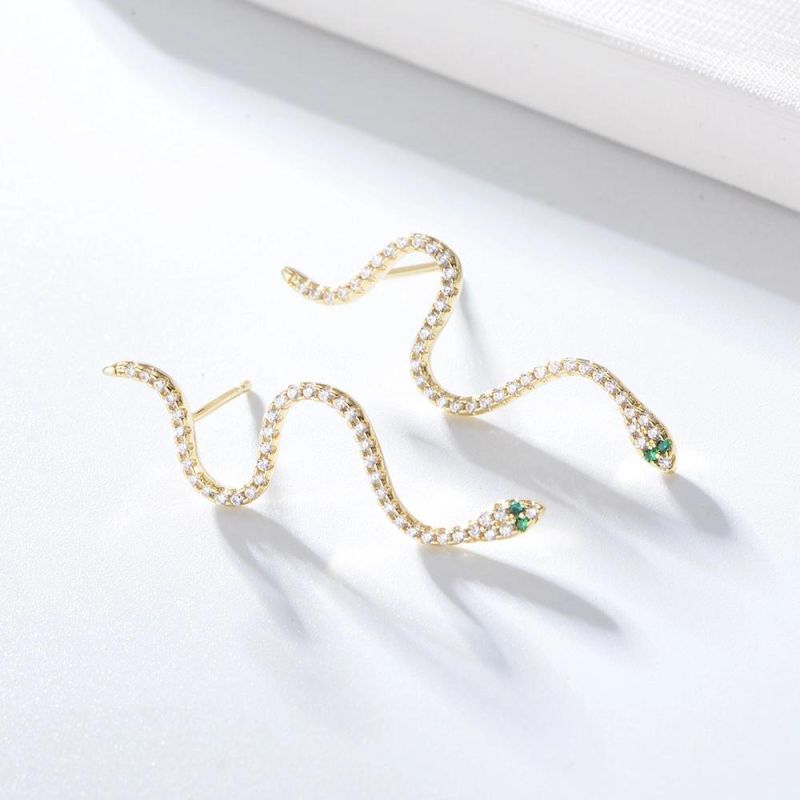 Fashion 925 Sterling Silver 14K Gold Plated Zircon Snake Stud Earrings