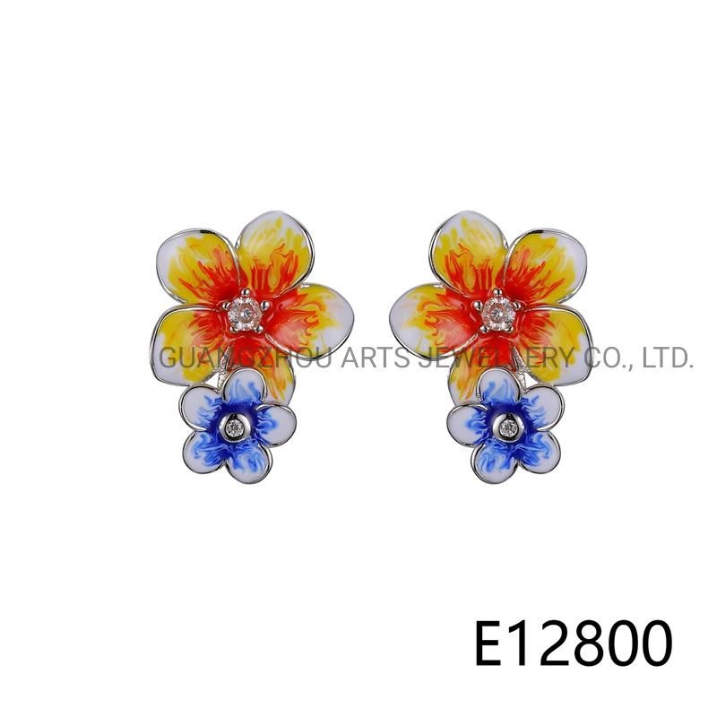 925 Silver Gradiant Blue & Yellow Enamel Flower Stud Earring