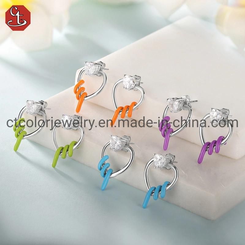 Fashion Jewelry 925 Sterling Silver CZ Color Enamel Heart Shaped Earring for Women