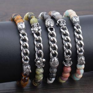 Fashion Design Men Stone Stainless Steel Double Dragon Head Clasp Bead Bracelet