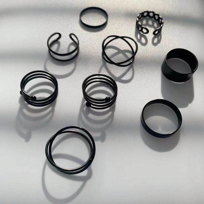 7PCS Girls Black Minimalist Metal Finger Rings Sets Fashion Accessories