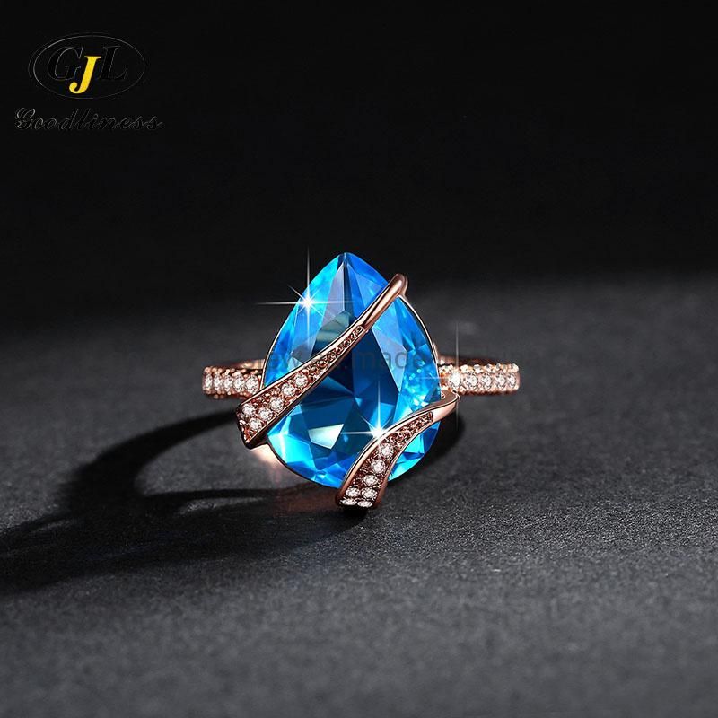 Fashion Sea Blue Zircon Adjustable Ring Luxury Angel Tears Ring