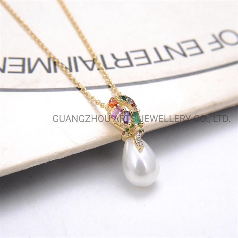 New Elegant Pear Shape Pearl Colorful Circle Brass Necklace