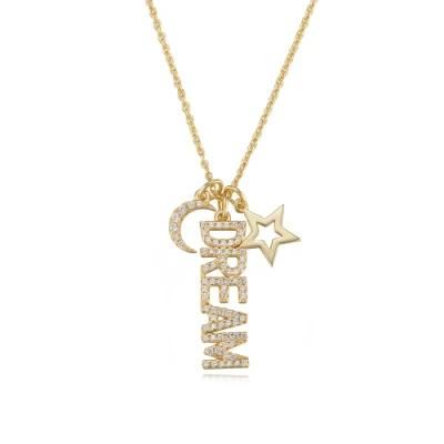 Elegant Gold Plated Handcrafted 925 Sterling Silver Zircon Moon Star Dream Charm Necklace
