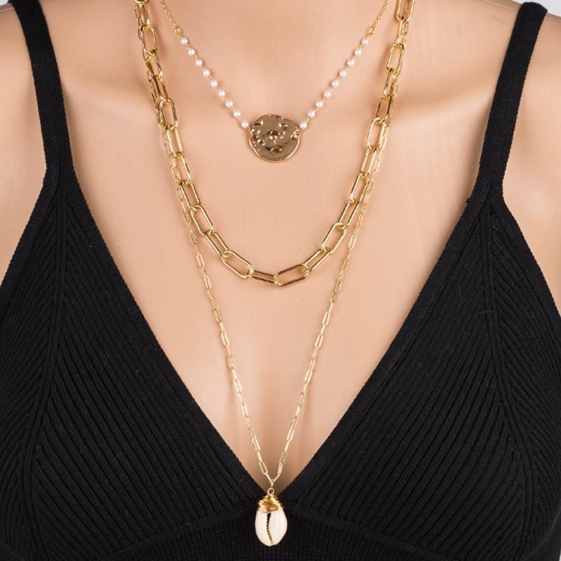 Fashion Jewelry Multi Layers Drop Necklace with Chain and Pearl Charm