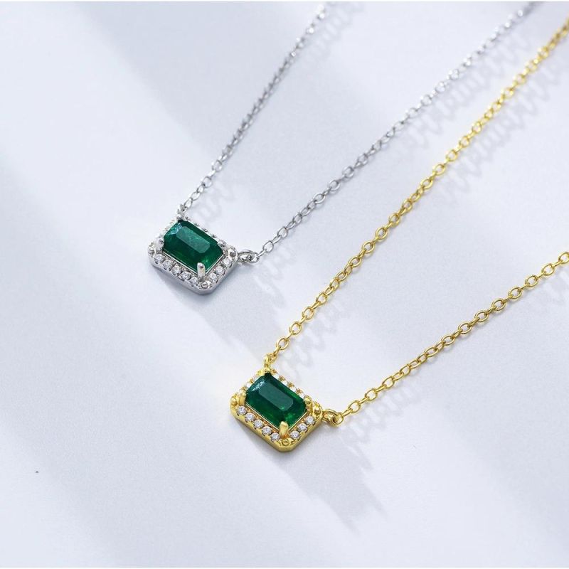 925 Sterling Silver Women Jewelry Emerald Zirconia Charm Necklace