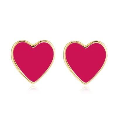 Wholesale Accessories Made of 925 Silver Gold Plating Stud Red Enamel Love Heart Earrings