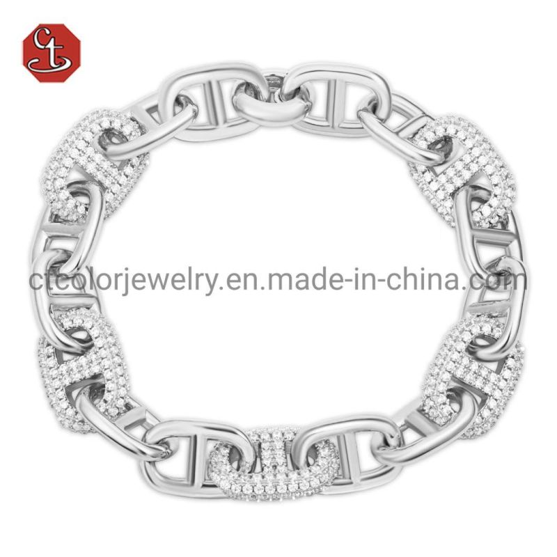 Best jewellery online 14K Gold plated Serial buckle Hiphop big CZ pave plain accessory interlink Brass silver Jewelry man Bracelet