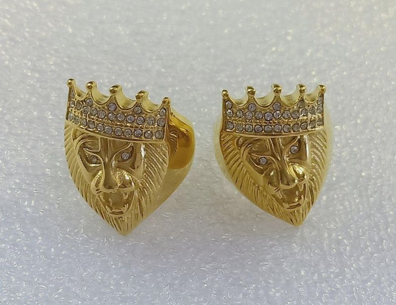 Explosion Hip-Hop Hip Hop Stainless Steel Gold-Plated Rhinestone Crown Lion Head Ring for Men Sgmr2623