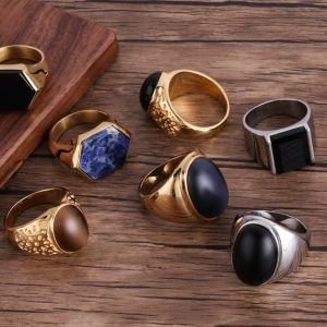 Engrave Logo Gold Onyx Wire Wrapped Stainless Steel Glass Crystal Stone Agate Gem Stone Men Signet Finger Custom Ring Jewelry
