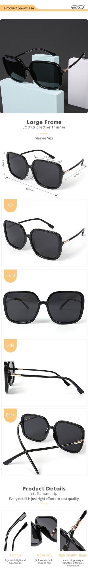 Fashion Anti Blue Light Sunglasses Large Frame Black Sunglass Oversized Shades Sun Glasses