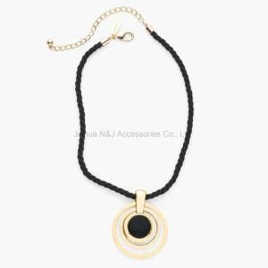 New Jewelry Black Leather Long Necklace Round Pendant Alloy Necklaces for Women