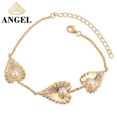 Fashion Jewelry Fashion Accessories Gold Plated Leaf Shape Pearl Ball Hip Hop Jewellery CZ Moissanite Bracelet